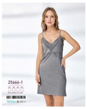 Elegancka Koszula Nocna Plus Size – Grafitowa z Koronką 25666-1