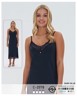Długa Koszula Nocna z Koronką – Dark Blue (Model C-2078)