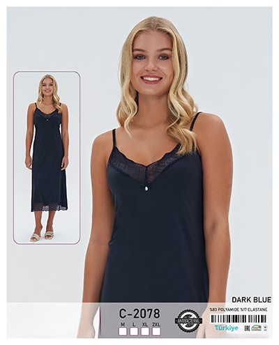 Długa Koszula Nocna z Koronką – Dark Blue (Model C-2078)